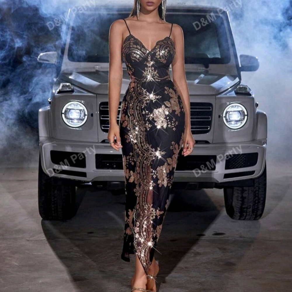Beaded Embroidered Cross-Strap Slit Back Sleeveless Bodycon Women's Formal Eveni